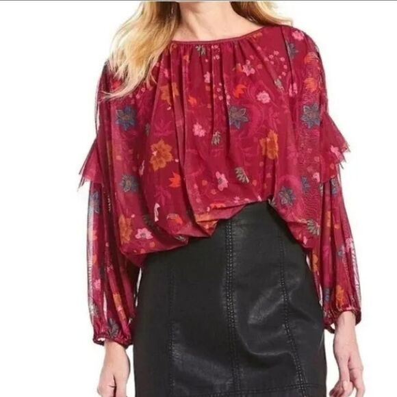 Free People Tops - Free People Womens M Wild Flower Honey Mesh Top Berry Oversized Boho Romantic